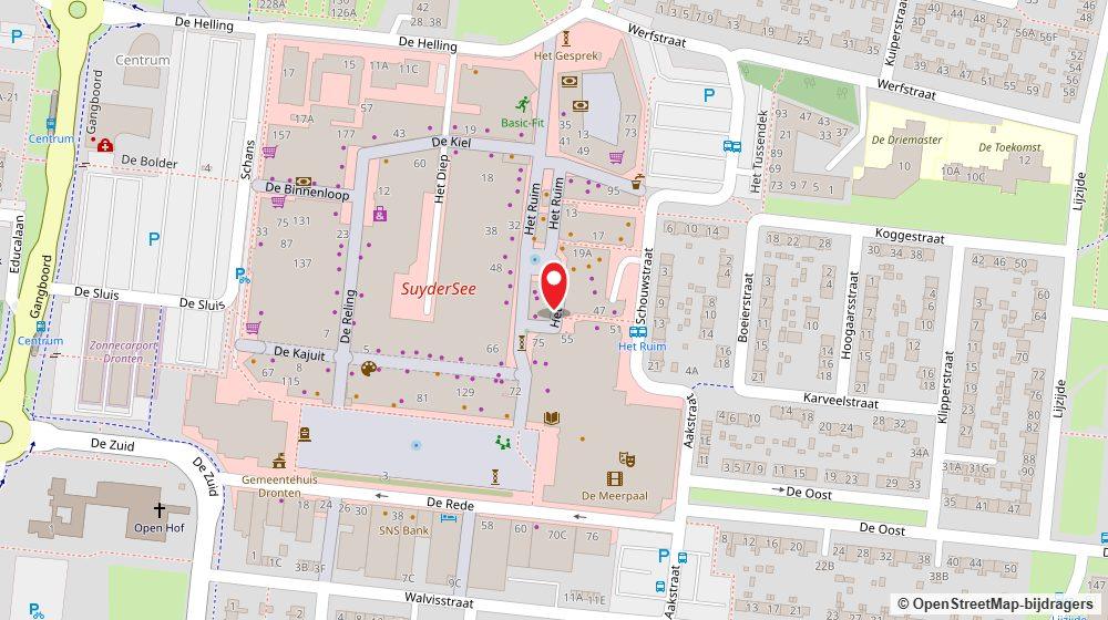 Kaart met de ligging van Kapsalon Mus'ab aan de Het Ruim in Dronten