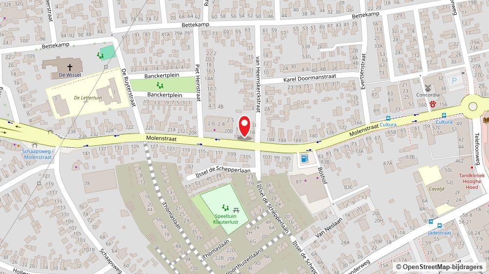 Kaart met de ligging van Kapsalon Mus'ab aan de Molenstraat in Ede