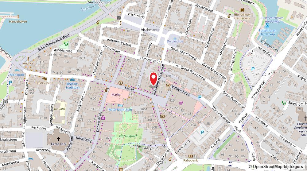 Kaart met de ligging van Kapsalon Mus'ab aan de Schoenmakersstraat in Harderwijk