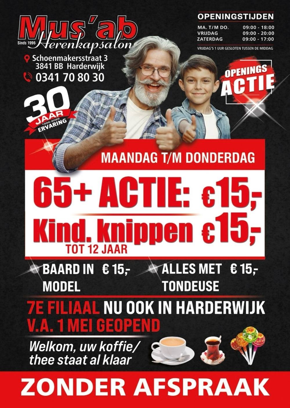 Openingsposter van Kapsalon Mus'ab Harderwijk met de vier actieprijzen van € 15
